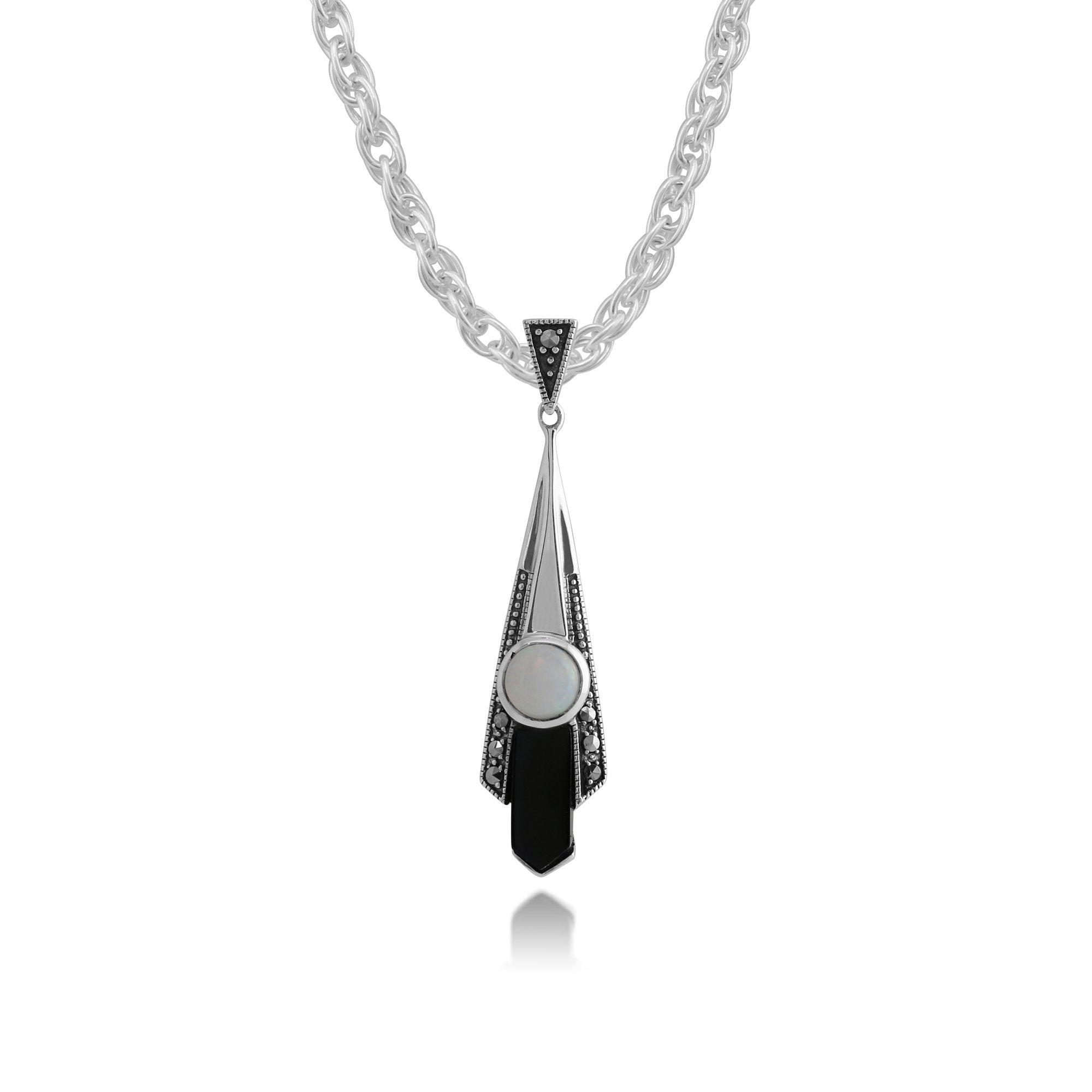 Art Deco Style Round Opal, Black Onyx & Marcasite Fan Drop Pendant in 925 Sterling Silver