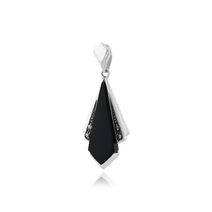 Art Deco Style Black Onyx & Marcasite Fan Drop Pendant in 925 Sterling Silver