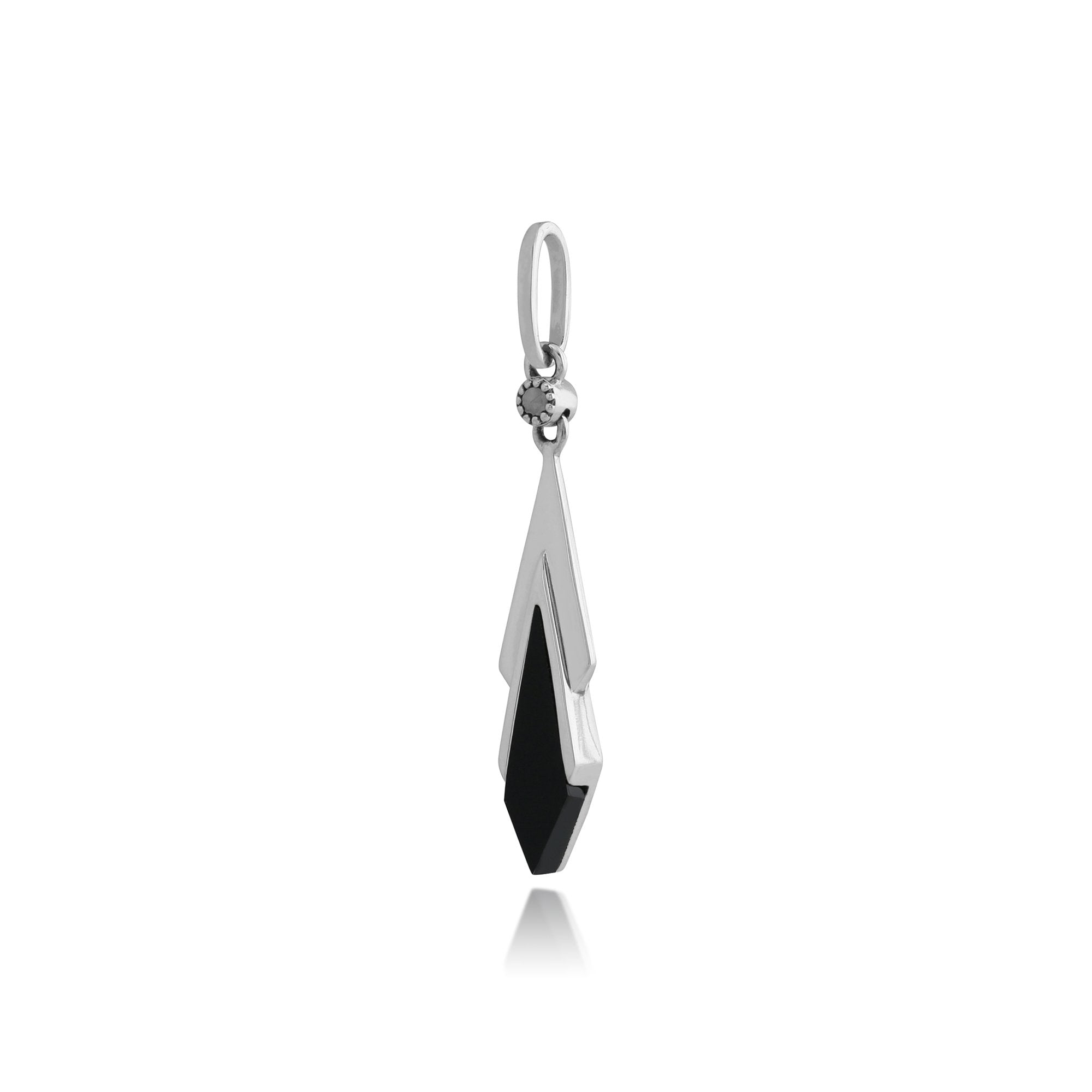 Art Deco Style Black Onyx & Marcasite Kite Drop Pendant in 925 Sterling Silver