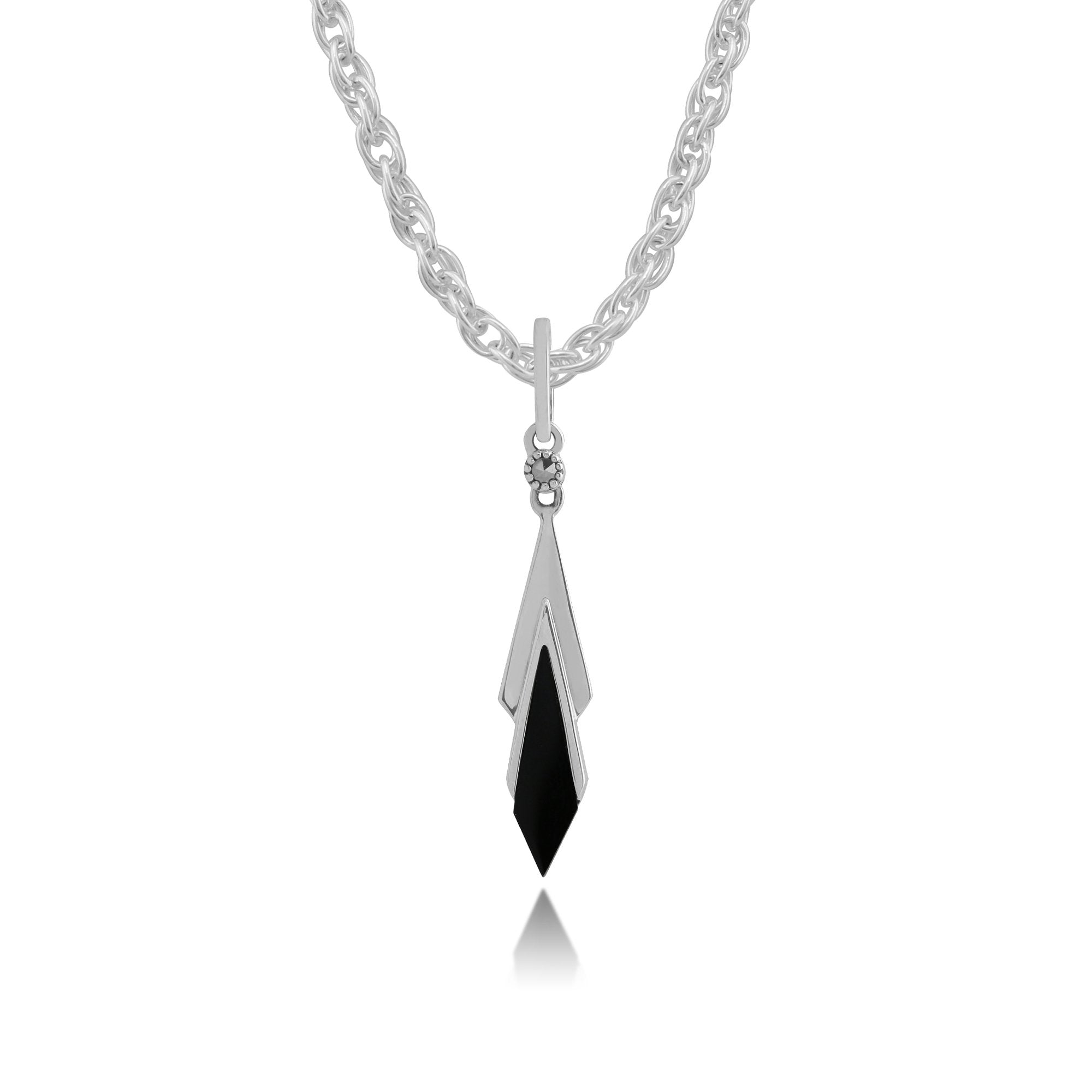 Art Deco Style Black Onyx & Marcasite Kite Drop Pendant in 925 Sterling Silver