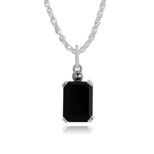Art Deco Style Octagon Black Onyx & Marcasite Pendant in 925 Sterling Silver