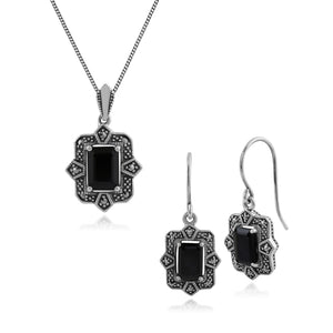 Art Deco Style Baguette Black Spinel & Marcasite Framed Drop Earrings & Pendant Set in 925 Sterling Silver