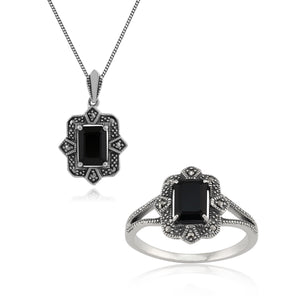 Art Deco Style Baguette Black Spinel & Marcasite Framed Drop Earrings & Ring Set in 925 Sterling Silver