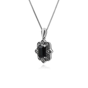 Art Deco Style Octagon Black Spinel & Marcasite Pendant in 925 Sterling Silver