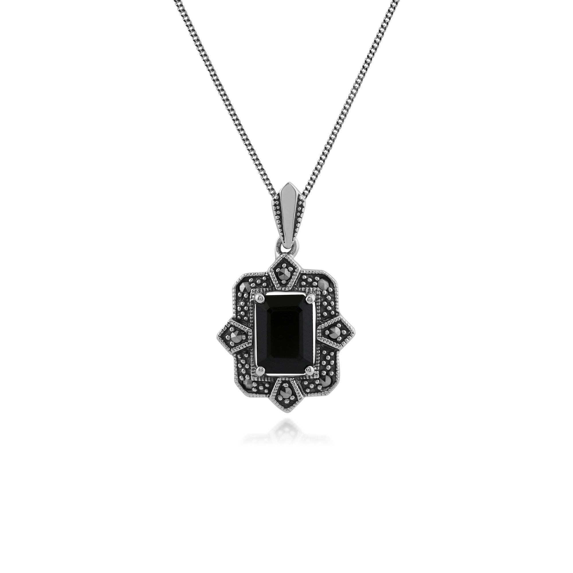 Art Deco Style Octagon Black Spinel & Marcasite Pendant in 925 Sterling Silver