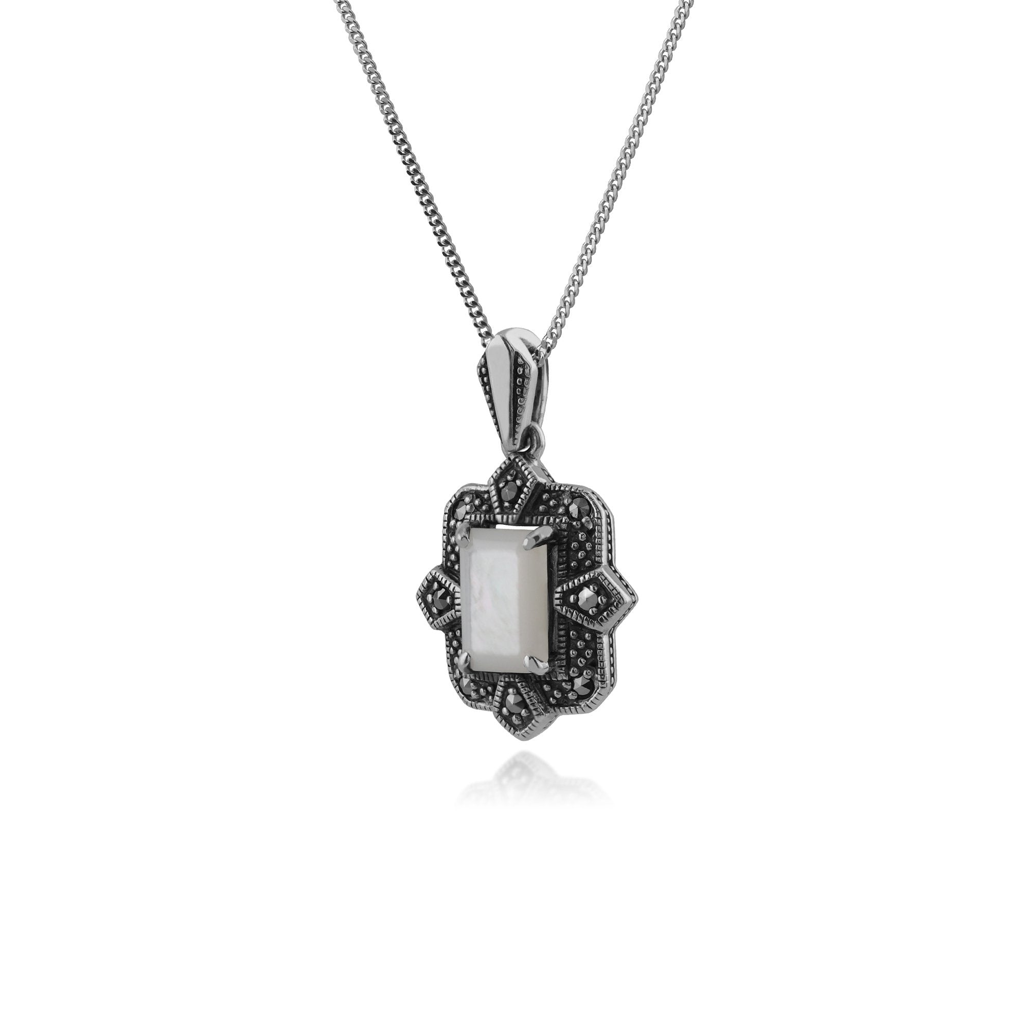 Art Deco Style Octagon Mother of Pearl & Marcasite Pendant in 925 Sterling Silver