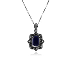 Art Deco Style Octagon Lapis Lazuli & Marcasite Pendant in 925 Sterling Silver