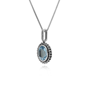 Art Deco Style Oval Blue Topaz & Marcasite Halo Pendant in 925 Sterling Silver