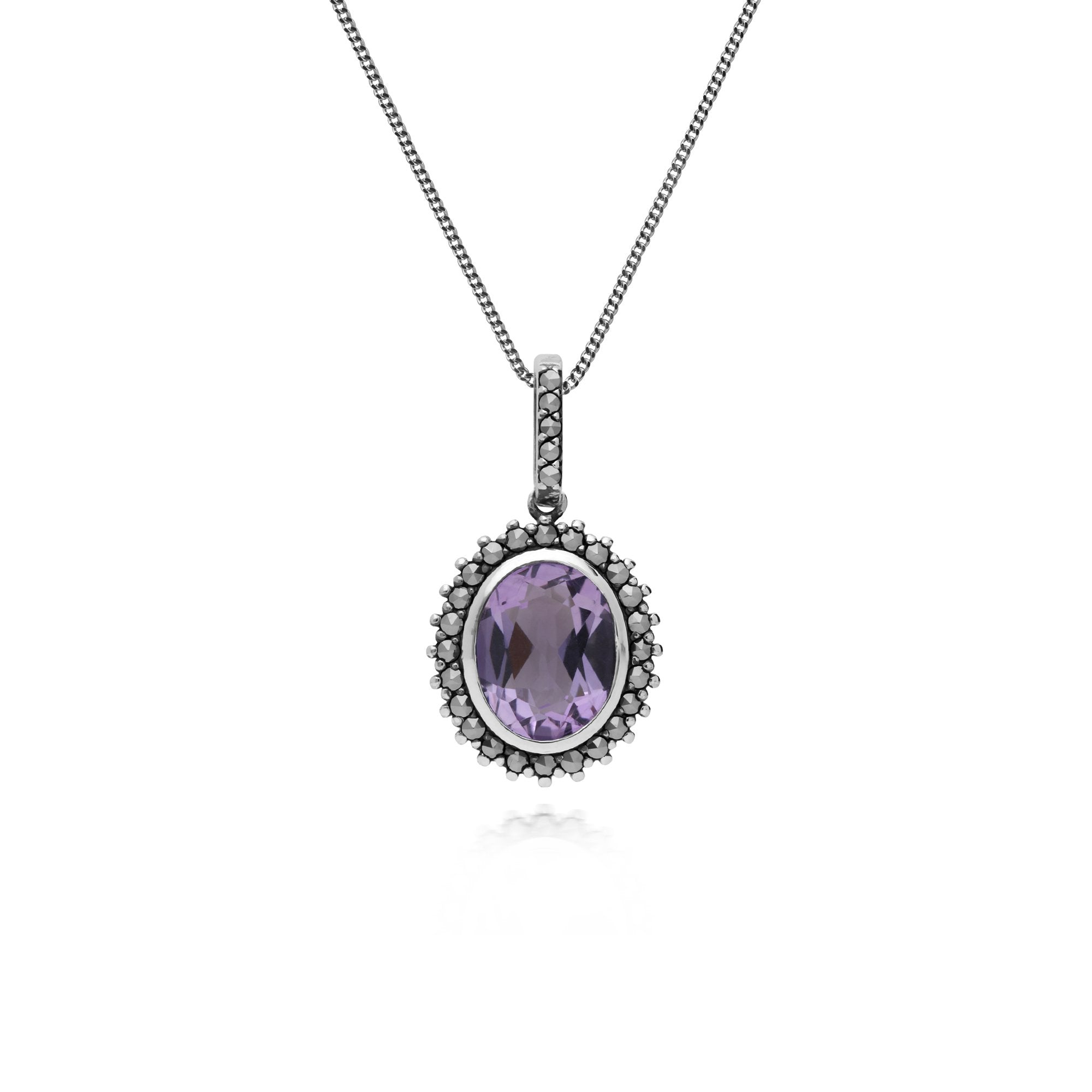 Art Deco Style Oval Amethyst & Marcasite Halo Pendant in 925 Sterling Silver