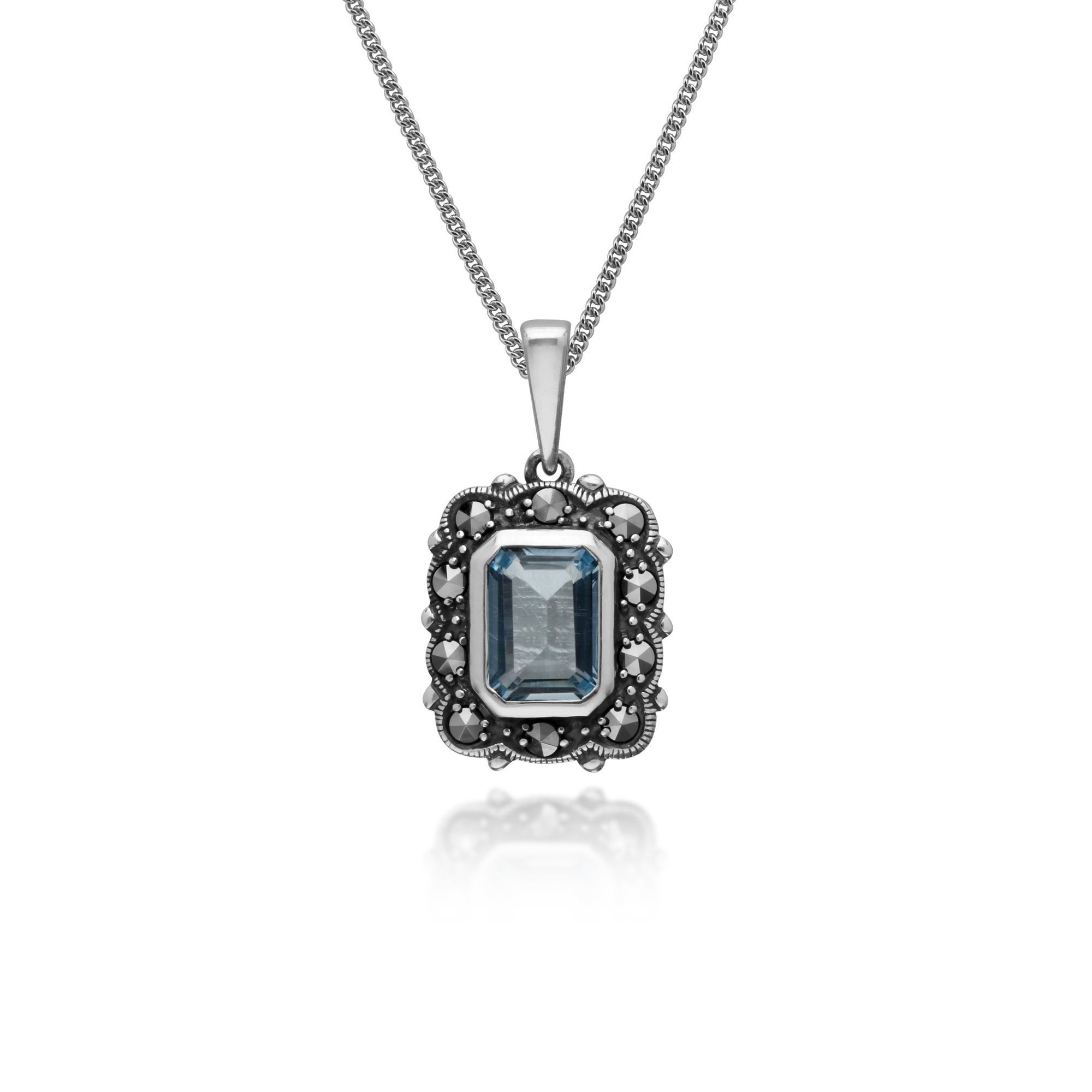 Art Deco Style Octagon Blue Topaz & Marcasite Pendant in Sterling Silver