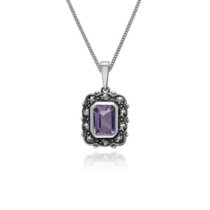 Art Deco Style Octagon Amethyst & Marcasite Pendant in 925 Sterling Silver