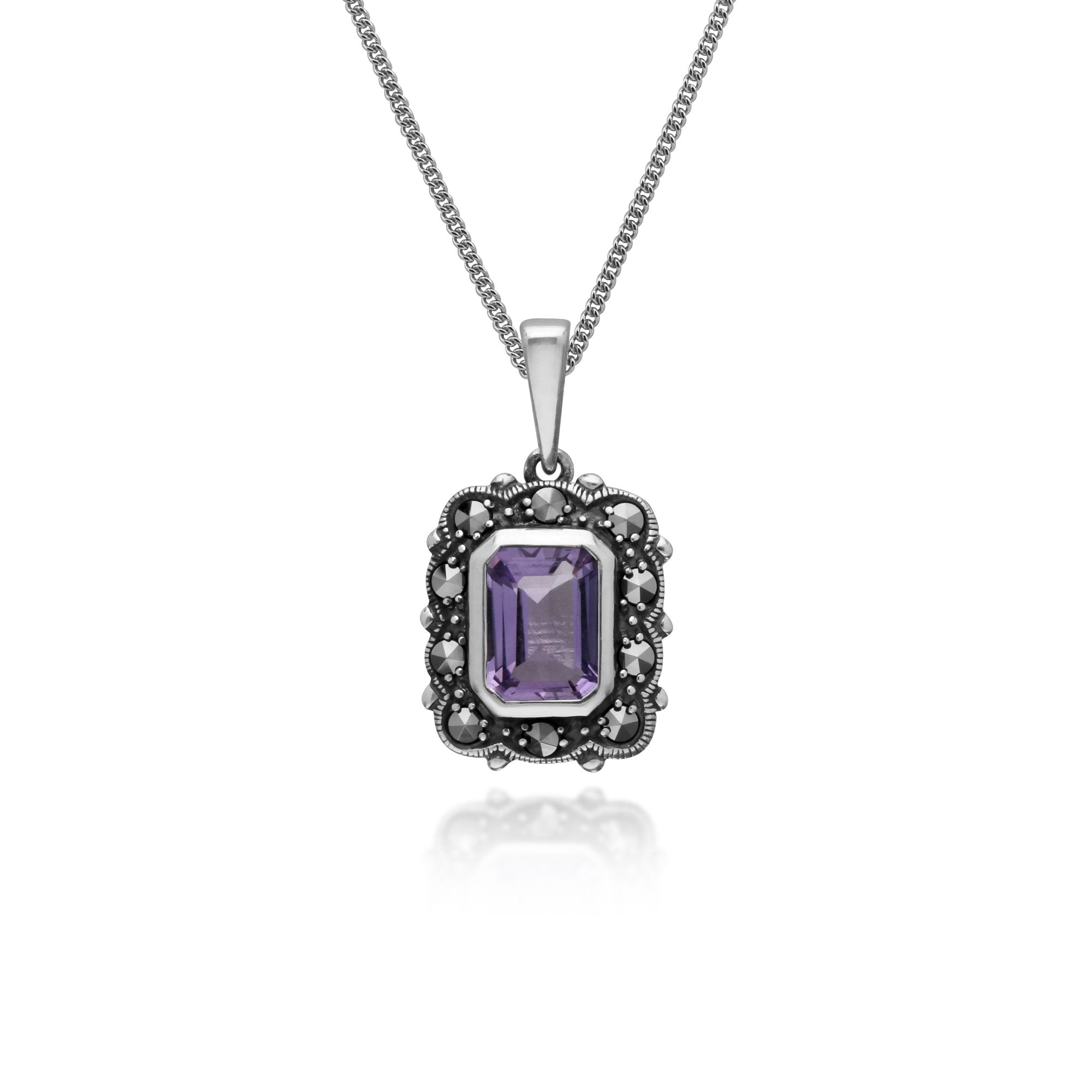 Art Deco Style Octagon Amethyst & Marcasite Pendant in 925 Sterling Silver