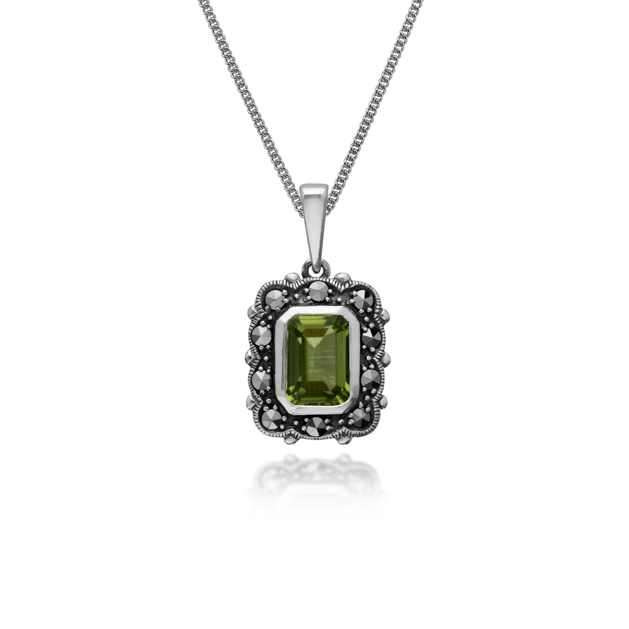 Art Deco Style Octagon Peridot & Marcasite Pendant in 925 Sterling Silver