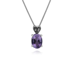Art Deco Style Oval Amethyst & Marcasite Pendant in 925 Sterling Silver