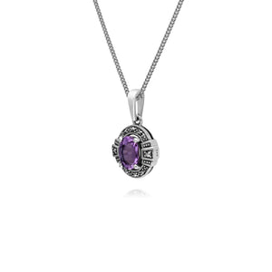 Art Deco Style Oval Amethyst & Marcasite Halo Pendant in 925 Sterling Silver