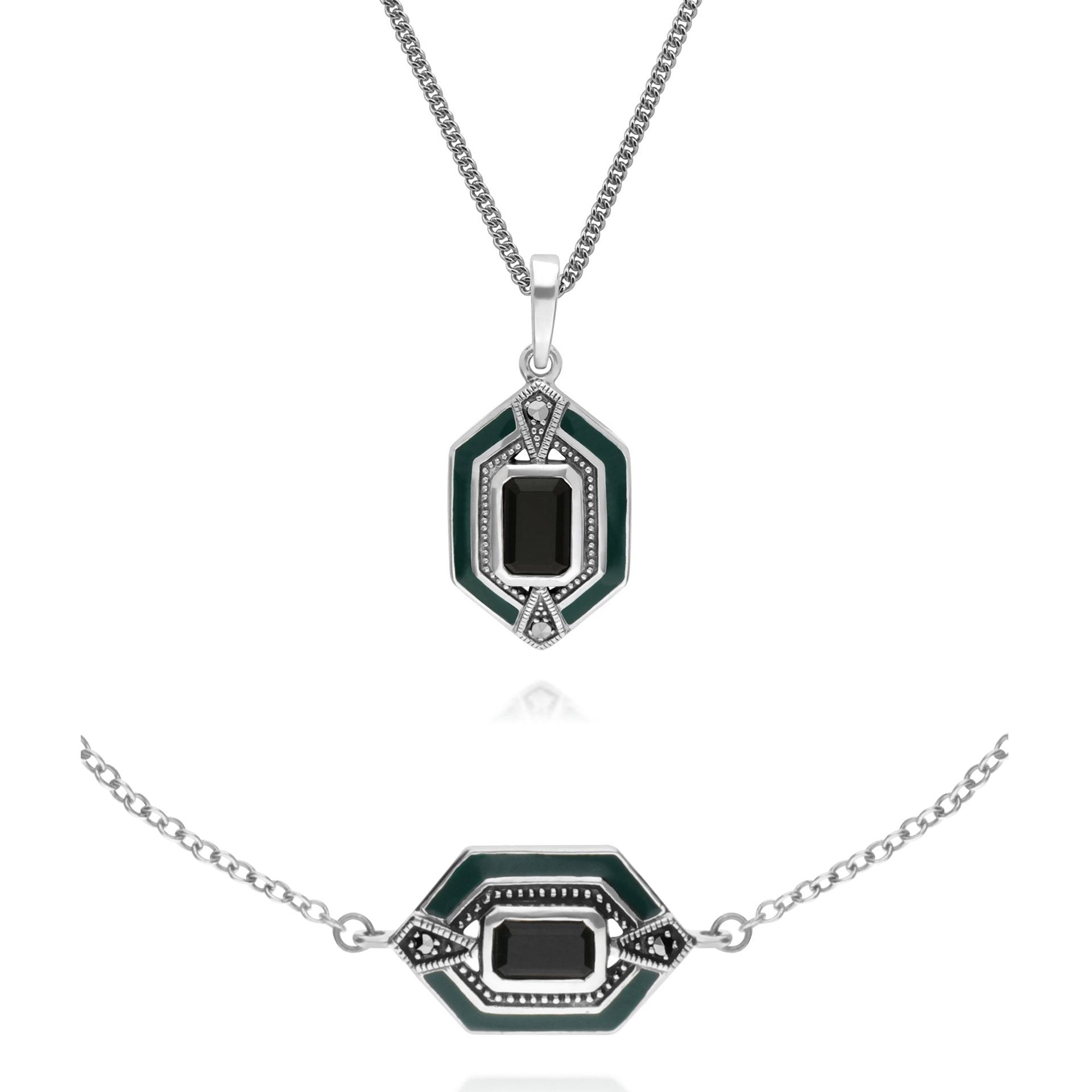 Black Onyx Marcasite Bracelet & Necklace Set Image 1