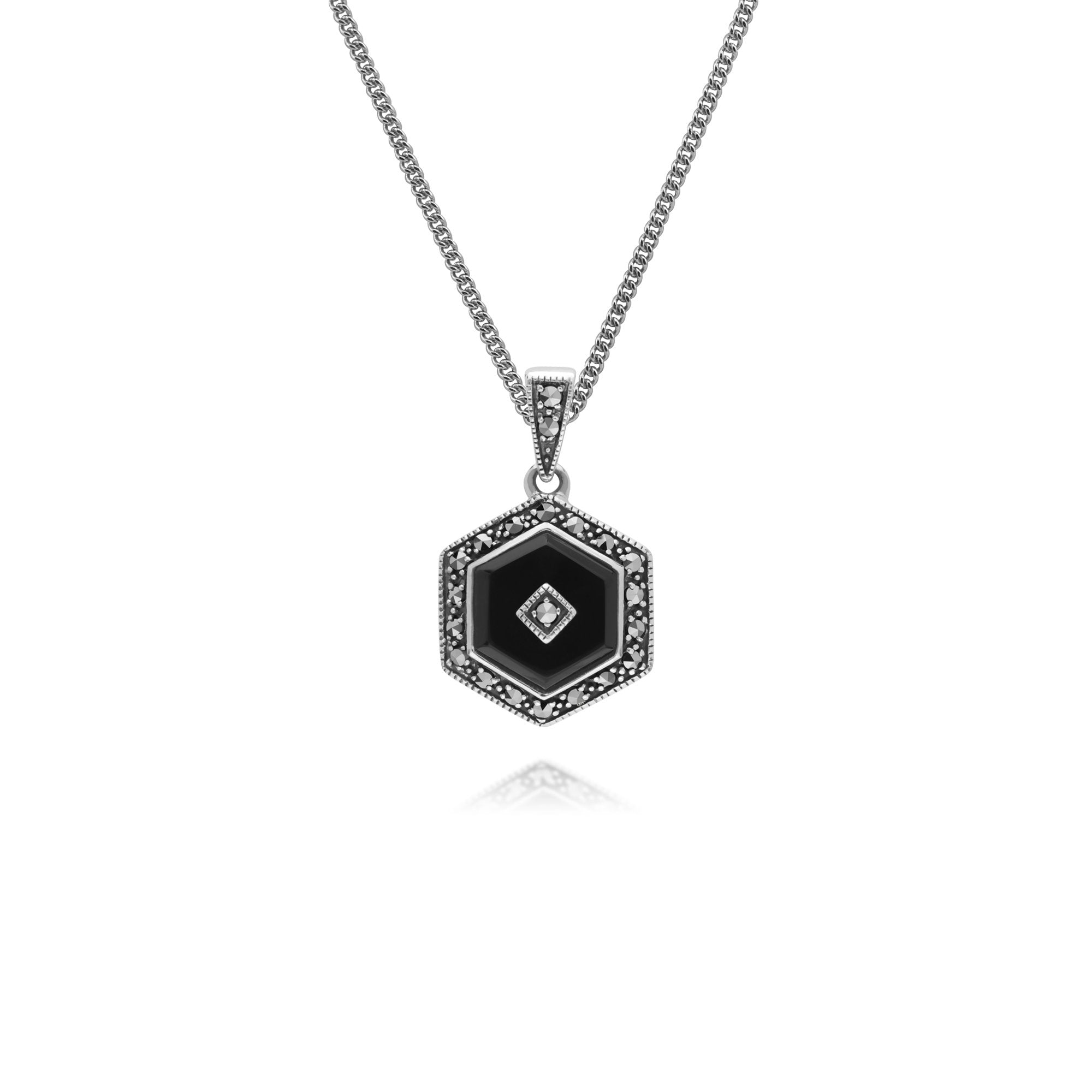 Art Deco Style Hexagon Black Onyx & Round Marcasite Pendant in 925 Sterling Silver