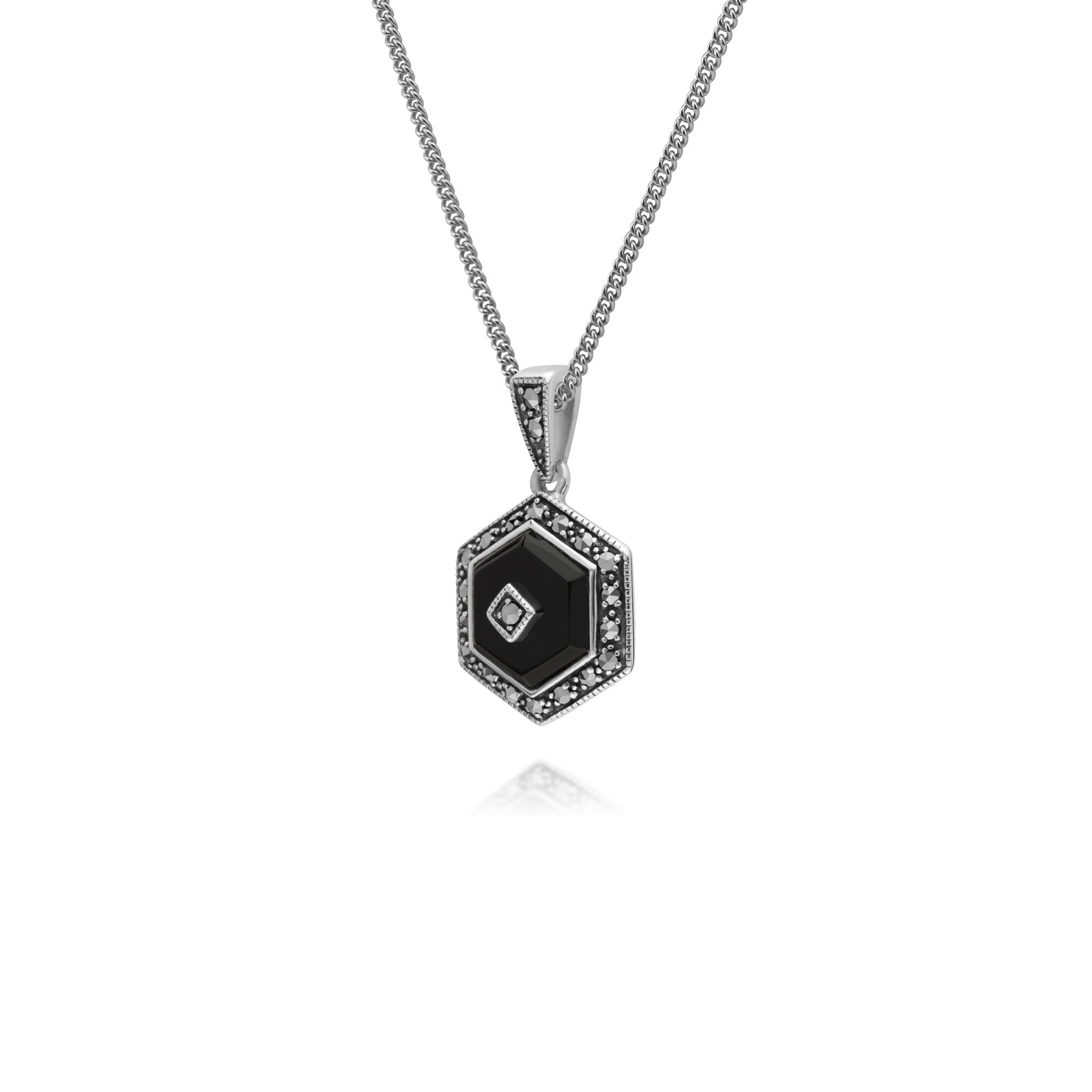 Art Deco Style Hexagon Black Onyx & Round Marcasite Pendant in 925 Sterling Silver