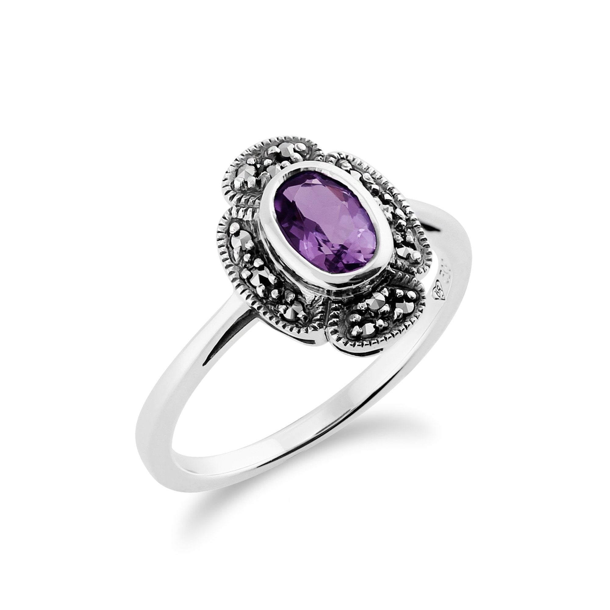 Art Deco Style Oval Amethyst & Marcasite Ring in 925 Sterling Silver