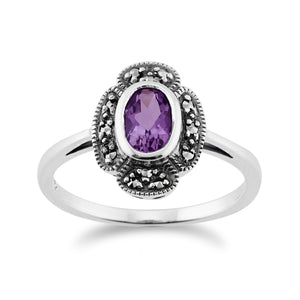 Art Deco Style Oval Amethyst & Marcasite Ring in 925 Sterling Silver