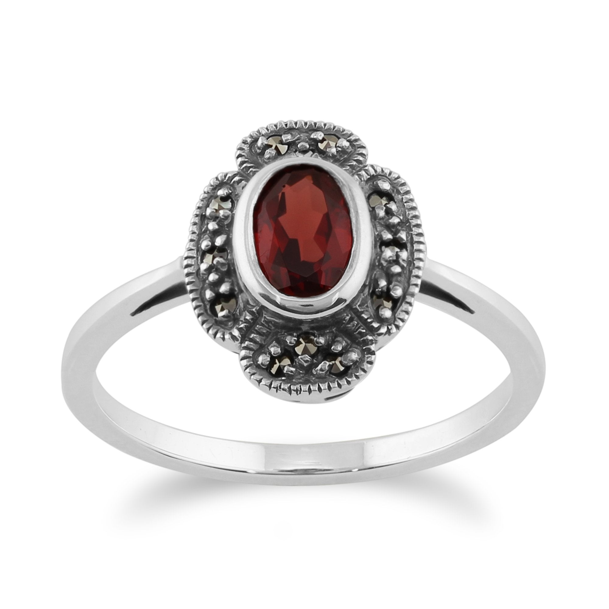 Art Deco Style Oval Garnet & Marcasite Ring in 925 Sterling Silver