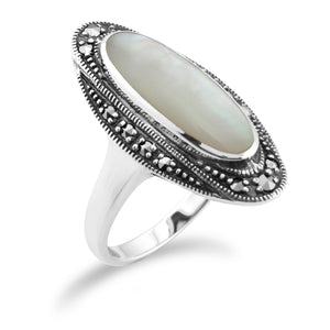 Art Deco Style Mother of Pearl Cabochon & Marcasite Ring in 925 Sterling Silver 