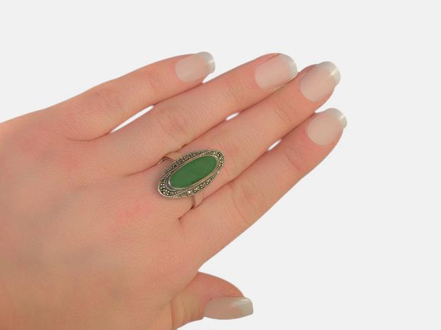Art Deco Style Oval Green Chalcedony & Marcasite Cocktail Ring in 925 Sterling Silver
