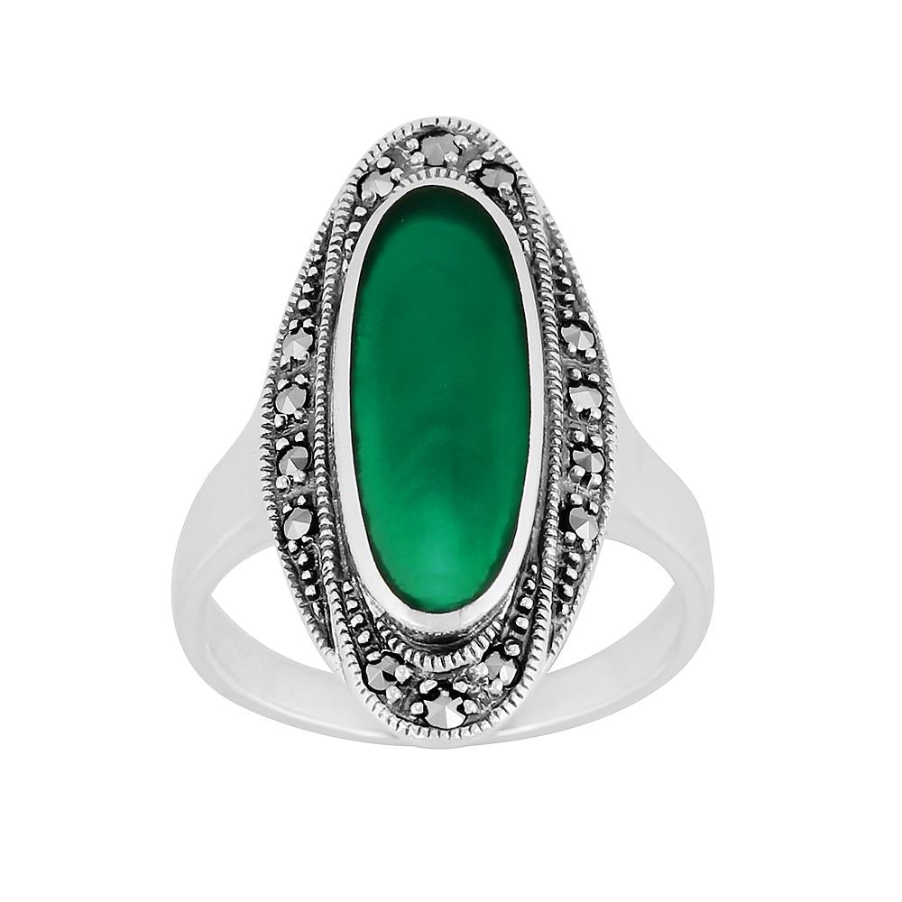 Art Deco Style Oval Green Chalcedony & Marcasite Cocktail Ring in 925 Sterling Silver