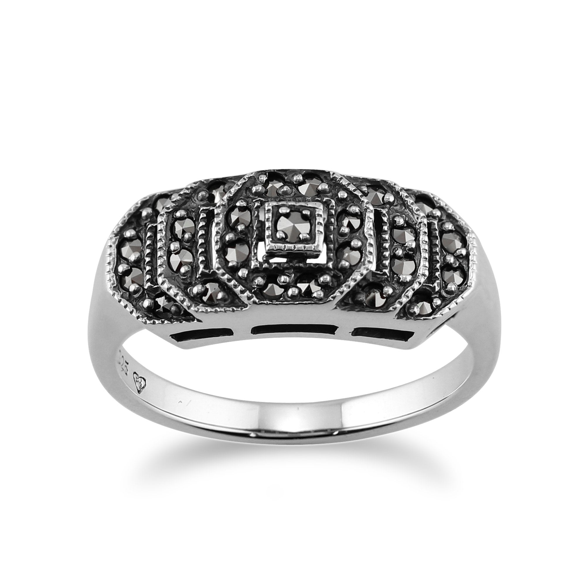 Art Deco Style Round Marcasite Stepped Ring in 925 Sterling Silver