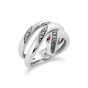 Art Nouveau Style Round Ruby & Marcasite Snake Ring in 925 Sterling Silver