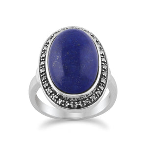 Boho Oval Lapis Lazuli Cabochon & Marcasite Ring in 925 Sterling Silver