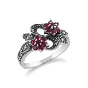 Art Nouveau Style Round Ruby & Marcasite Flower Ring in Sterling Silver