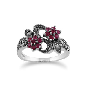 Art Nouveau Style Round Ruby & Marcasite Flower Ring in 925 Sterling Silver