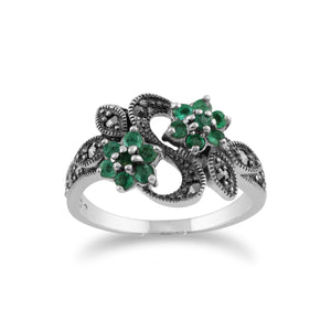 Art Nouveau Style Round Emerald & Marcasite Flower Ring in 925 Sterling Silver