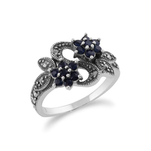 Art Nouveau Style Round Sapphire & Marcasite Flower Ring in Sterling Silver 