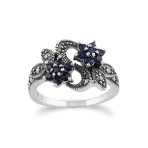Art Nouveau Style Round Sapphire & Marcasite Flower Ring in 925 Sterling Silver 