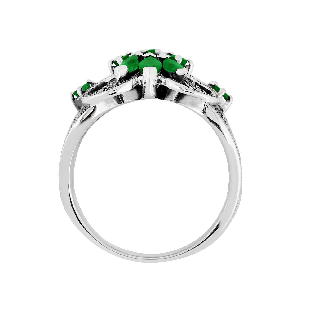 Art Nouveau Style Marquise Emerald & Marcasite Floral Silver Cocktail Ring