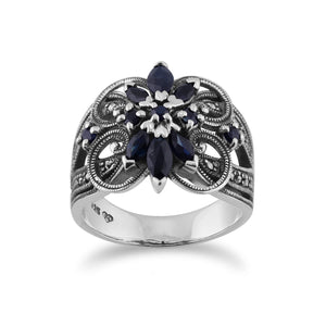 Art Nouveau Marquise Sapphire & Marcasite Cocktail Ring in 925 Sterling Silver 