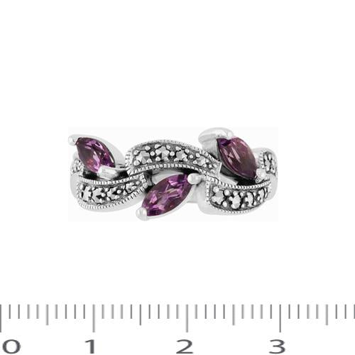 Art Nouveau Style Marquise Amethyst & Marcasite Ring in 925 Sterling Silver