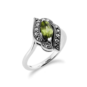 Art Nouveau Style Marquise Peridot & Marcasite Silver Ring