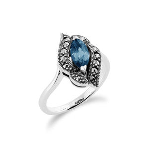 Art Nouveau Style Marquise Blue Topaz & Marcasite Ring in 925 Sterling Silver