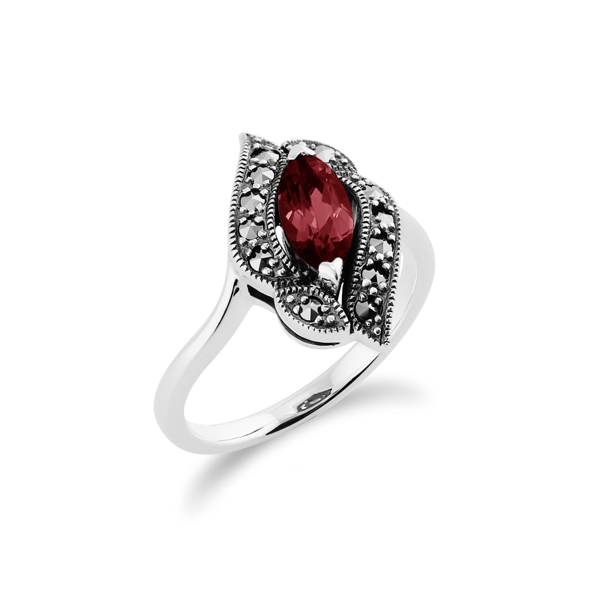 Art Nouveau Style Marquise Garnet & Marcasite Ring in 925 Sterling Silver