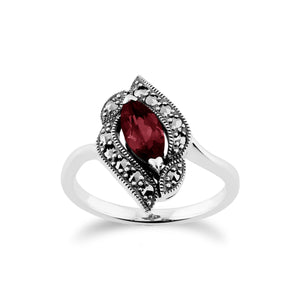 Art Nouveau Style Marquise Garnet & Marcasite Ring in 925 Sterling Silver