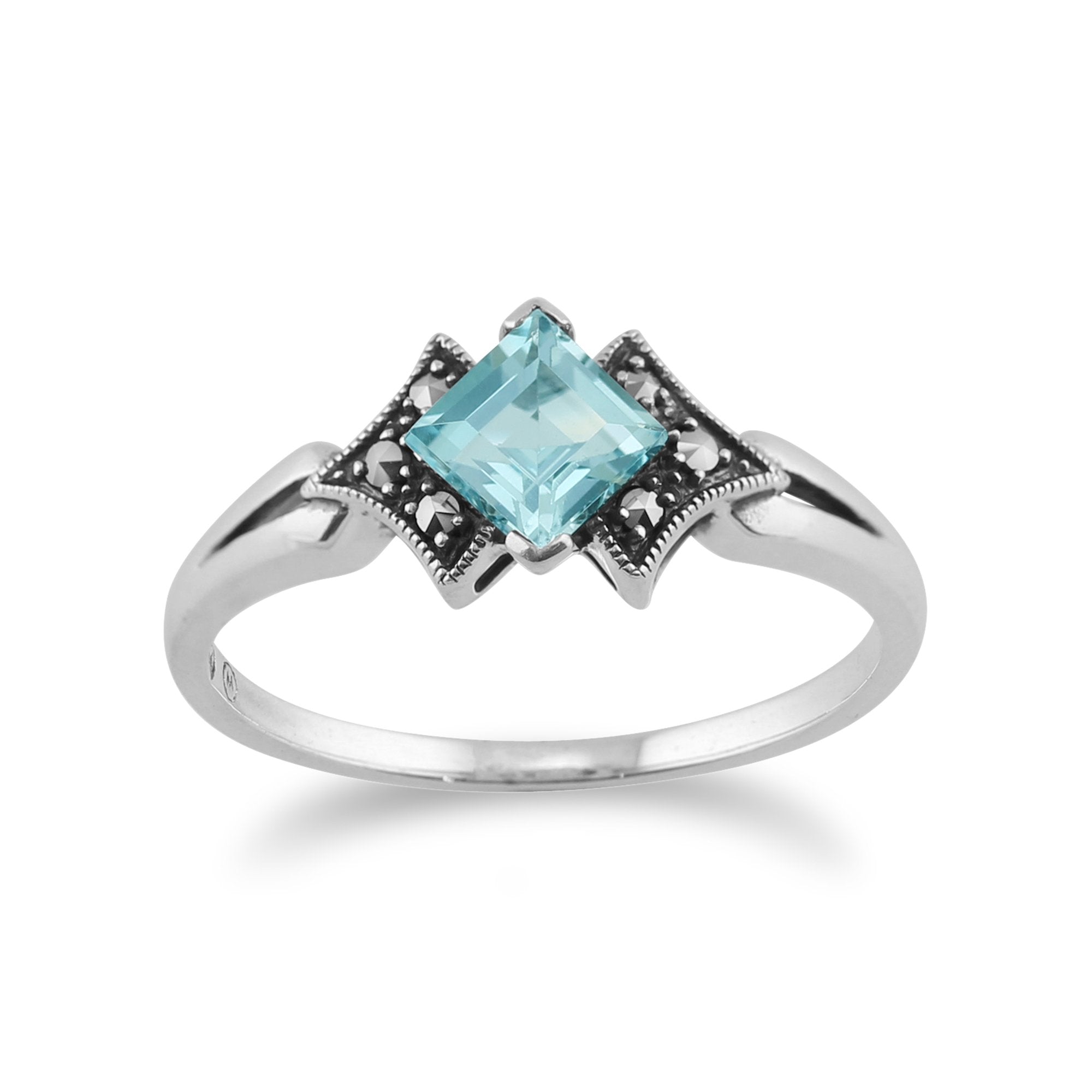 Art Deco Style Square Blue Topaz & Marcasite Ring in 925 Sterling Silver