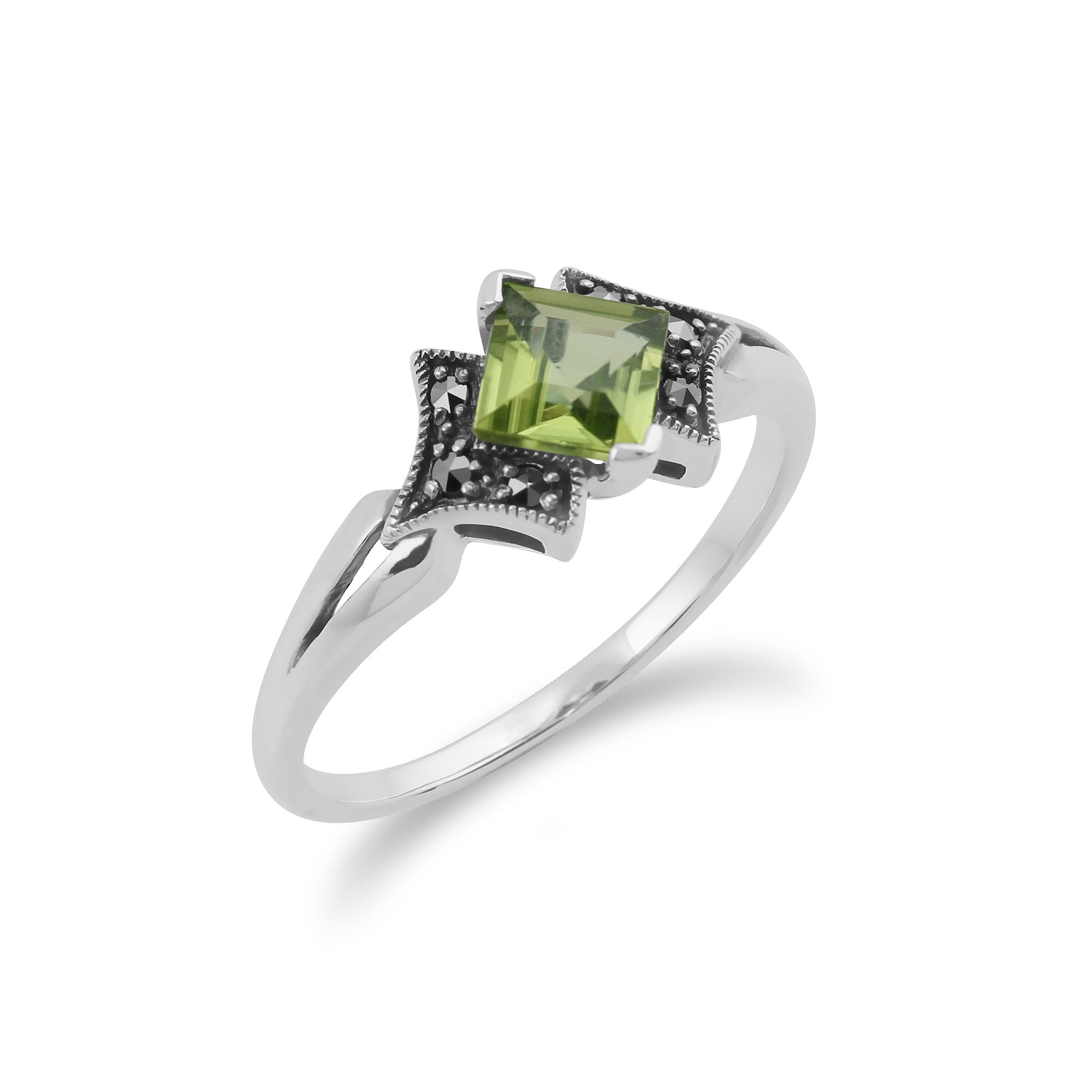 Art Deco Style Square Peridot & Marcasite Ring in 925 Sterling Silver