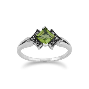Art Deco Style Square Peridot & Marcasite Ring in 925 Sterling Silver