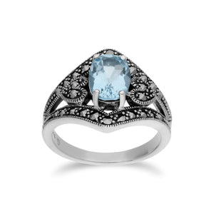 Art Deco Style Oval Blue Topaz & Marcasite in 925 Sterling Silver