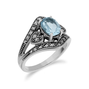Art Deco Style Oval Blue Topaz & Marcasite in 925 Sterling Silver