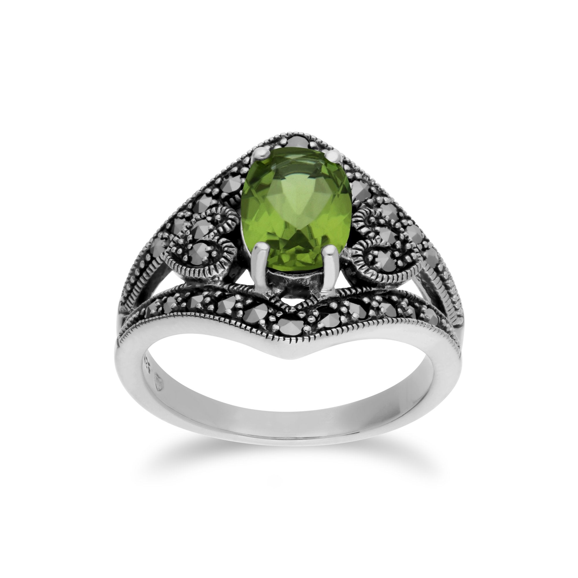 Art Deco Style Oval Peridot & Marcasite in 925 Sterling Silver