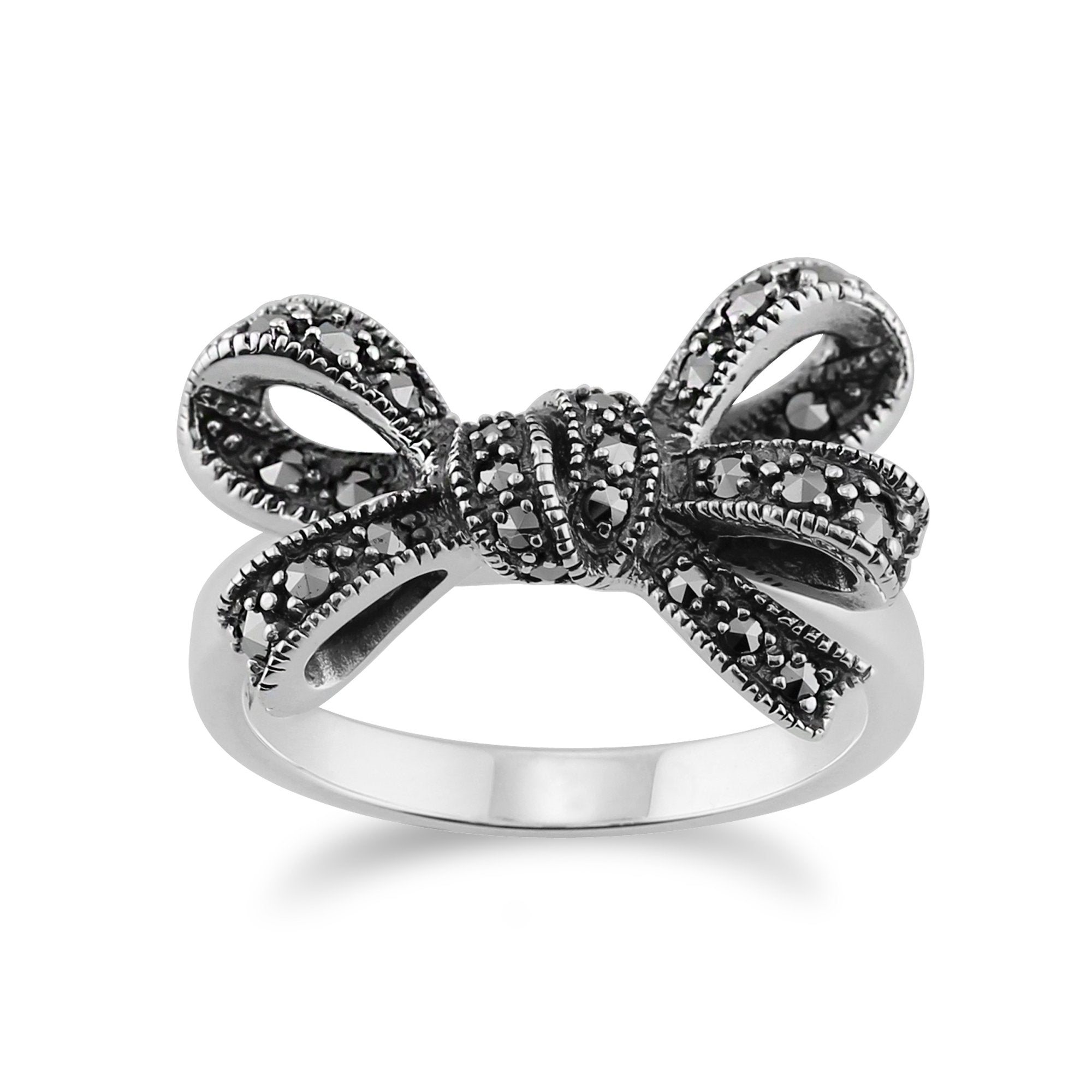 Art Nouveau Style Round Marcasite Ribbon Bow Ring in 925 Sterling Silver